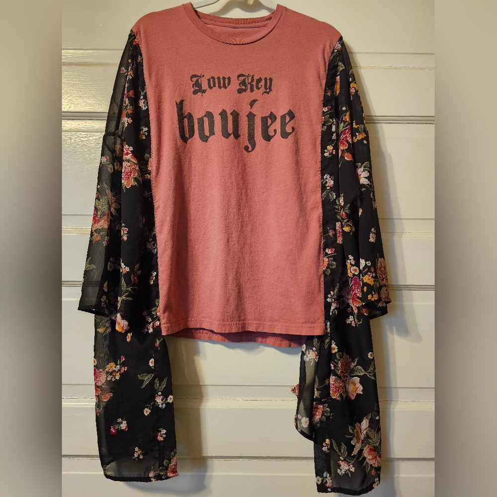 Pink Graphic Top with Floral Sleeves